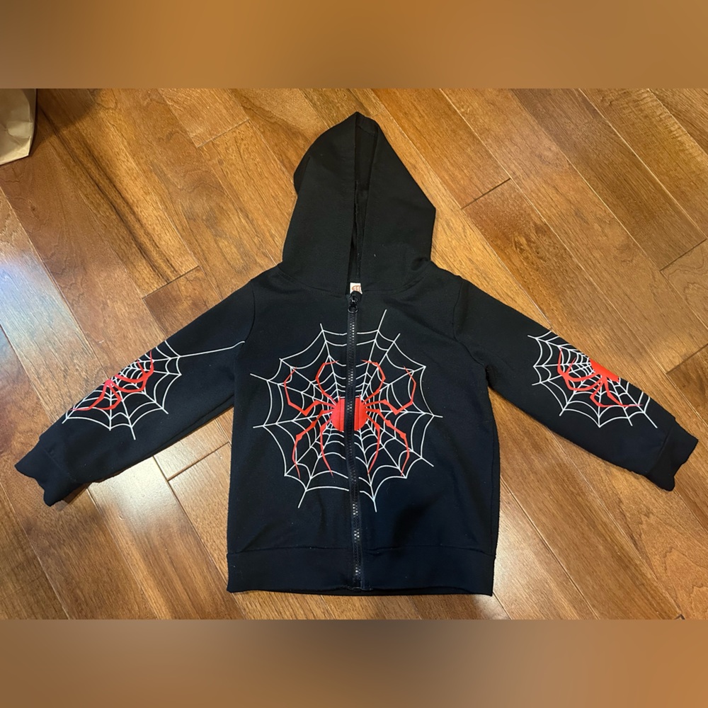 Kids Black Hoodie with Red Spider Web Design